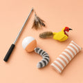 Indoor Cat Boredom Kit with rolling ball, chirping catnip bird, crinkle kicker and feather wand