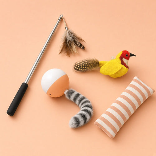 Indoor Cat Boredom Kit with rolling ball, chirping catnip bird, crinkle kicker and feather wand