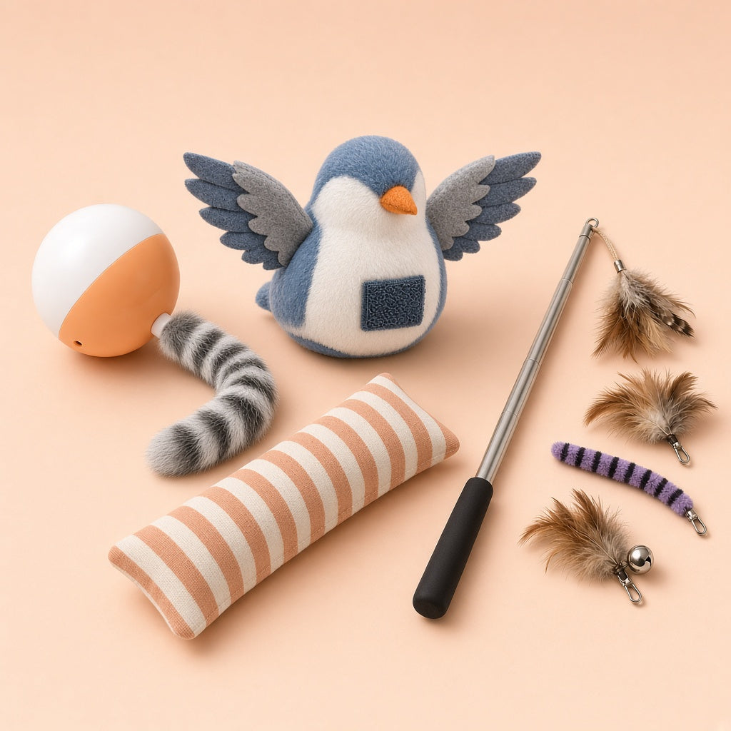 Indoor Cat Boredom Kit – Rolling Ball, Flapping Bird, Wand & Kicker
