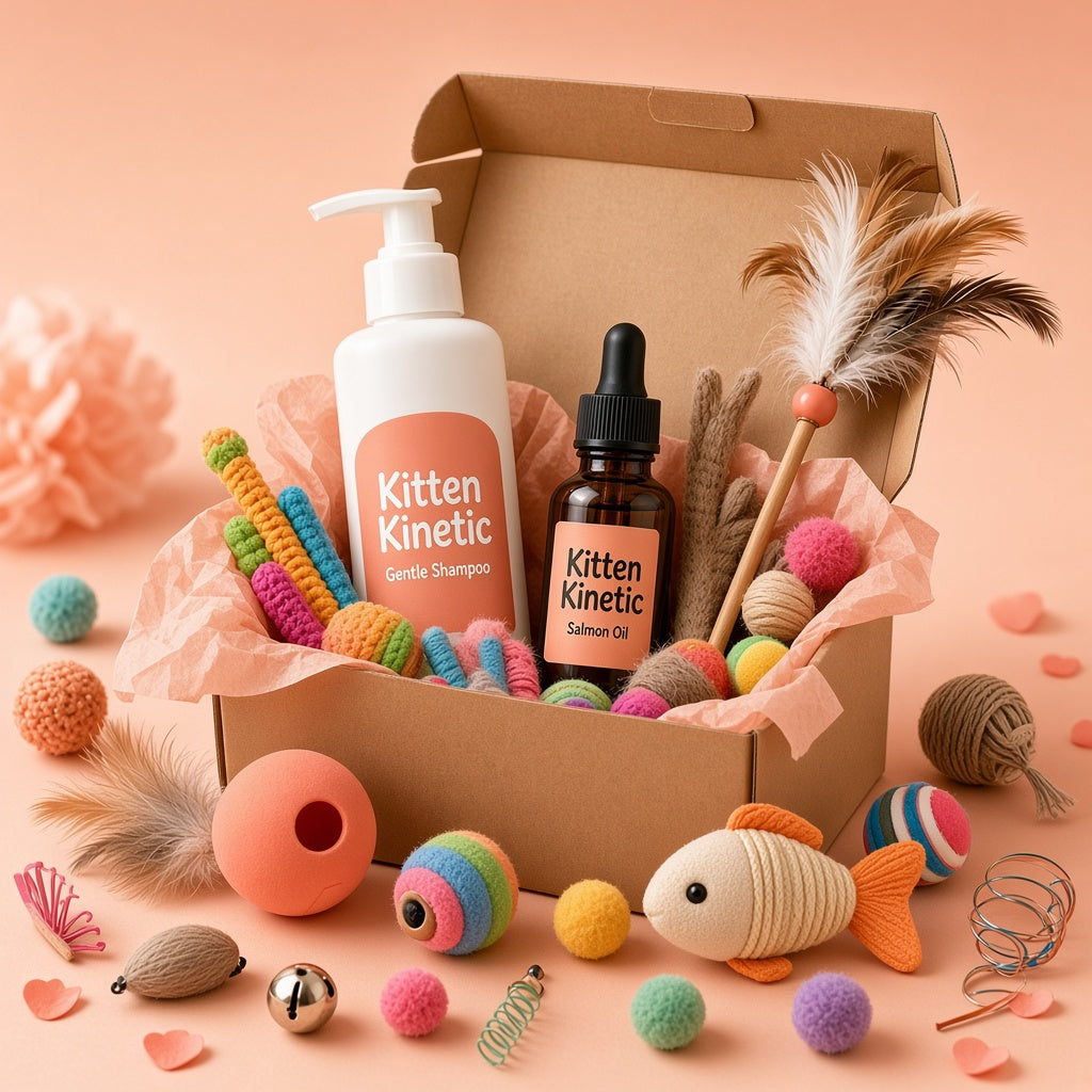 Kitten Kinetic Starter Bundle with Gentle Shampoo, Supplement Oil and assorted cat toys