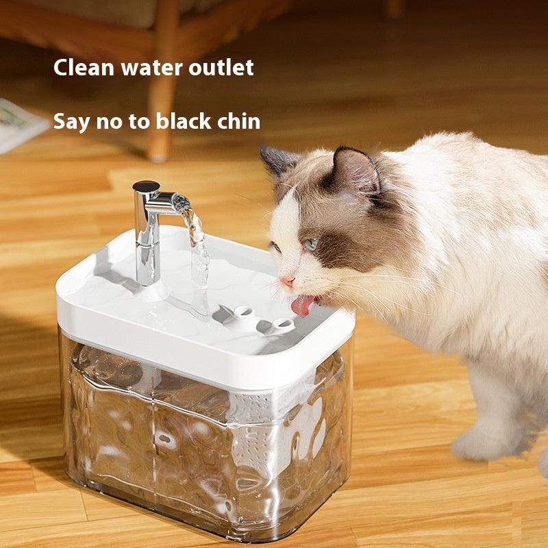 Cat drinking fresh flowing water from the faucet-style spout of the clear circulation fountain