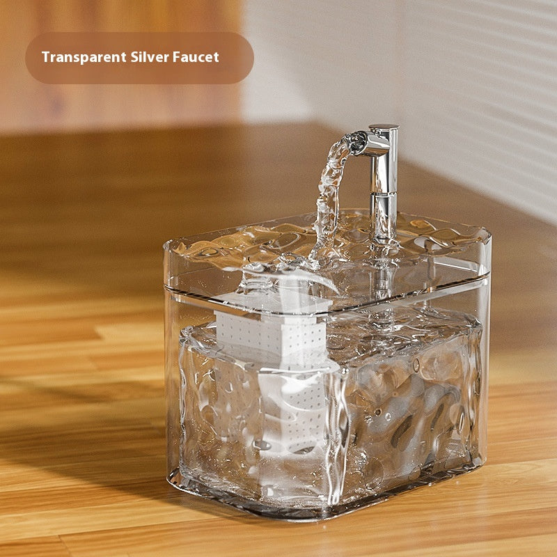 Clear crystal cat water fountain with transparent body and silver faucet spout